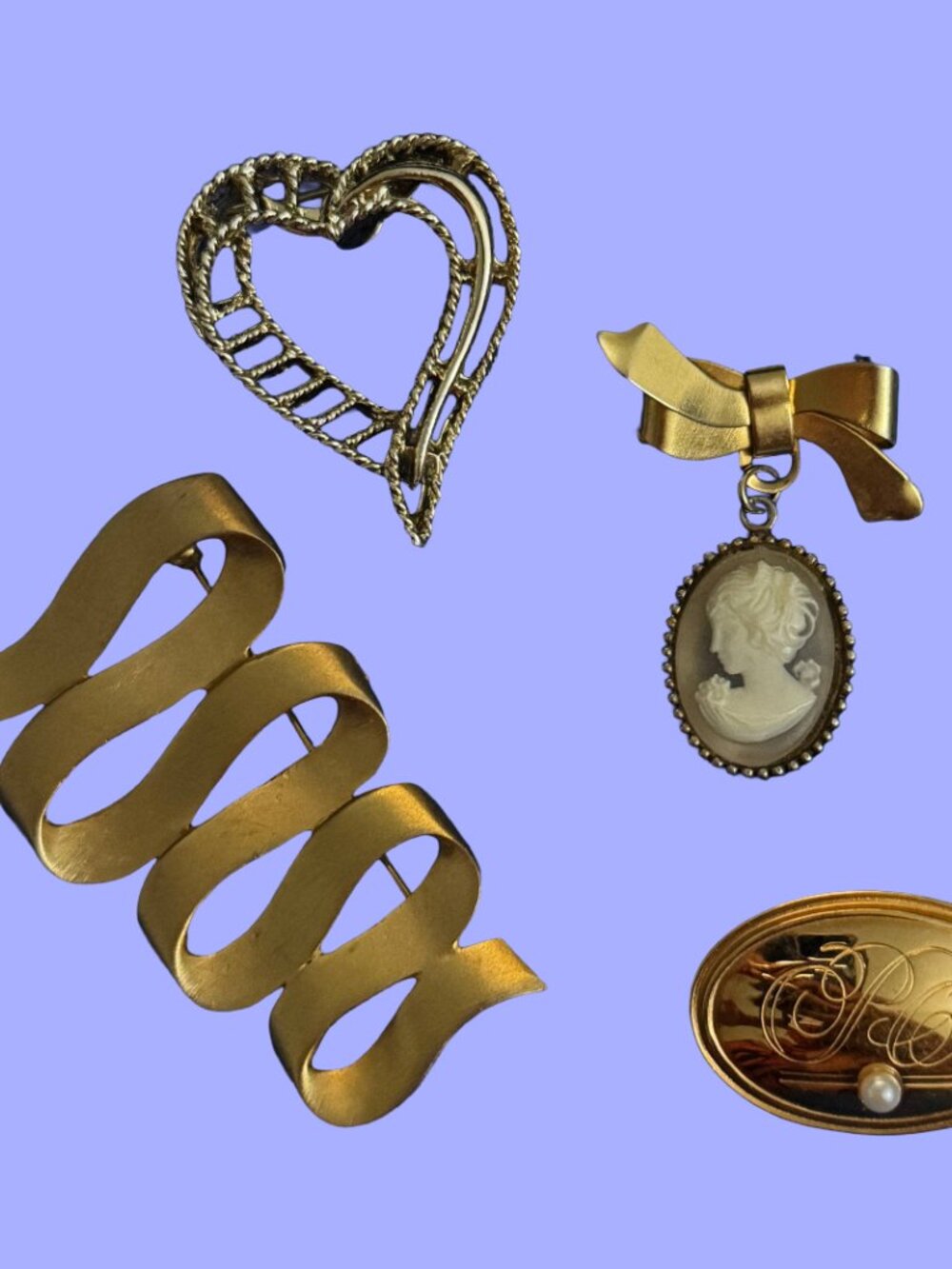 Vintage‎ Signed Brooch Pin Lot 4 Pc Gold Tone Cameo Heart Monogram Pearl